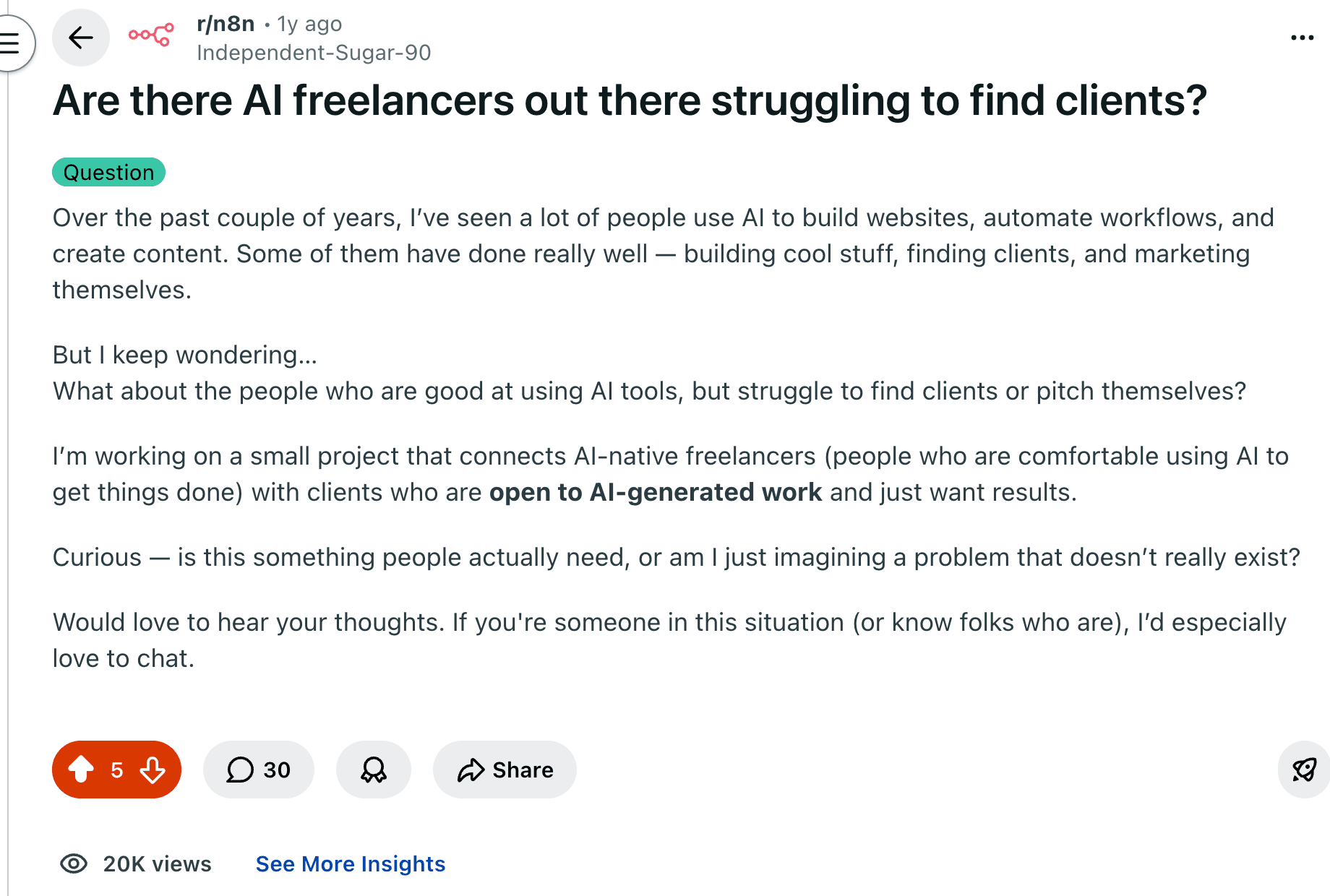 Reddit post: Are there AI freelancers struggling to find clients?
